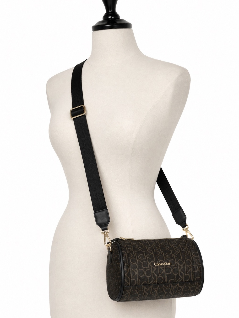 Calvin Klein Brown Monogram Cylinder Crossbody Bag with Black Strap